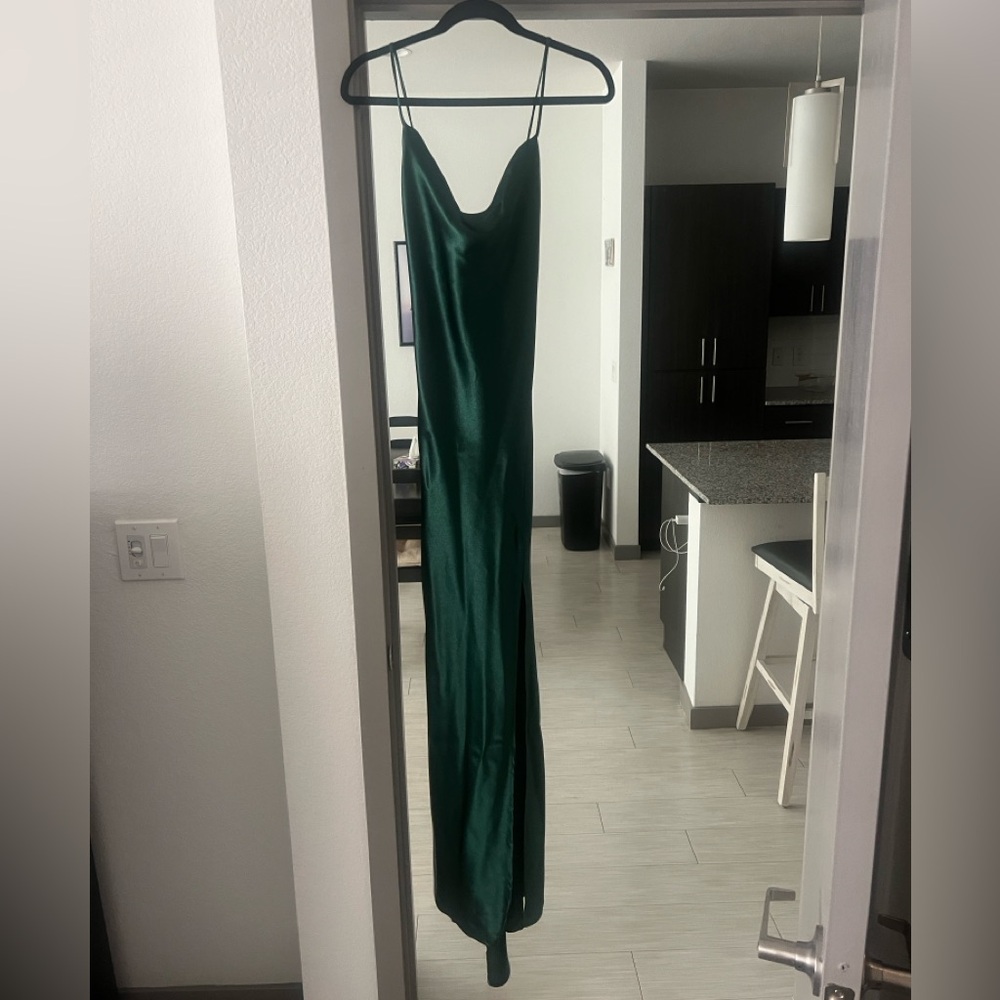 Floor length satin green gown from Nasty Gal